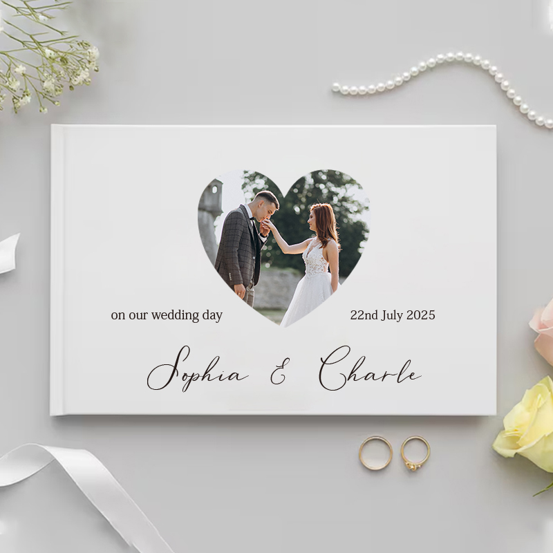 Wedding Supply List - 結婚祝い用のパーソナライズされたゲストブック ホワイトノーブルメッセージフォトアルバム シンプルでエレガントな横型記念品 署名ゲストブック