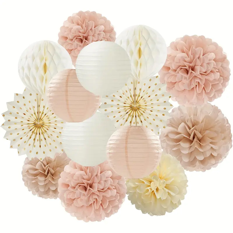 Wedding Ceremony Supply - 11個入り シャンパンゴールドとベージュのペーパーフラワー、ティッシュポンポン、ハニカムボール、ランタンハンギングデコレーション、ボヘミアン秋の素朴な誕生日ベビーシャワー、ユニセックス秋の結婚式ブライダルハンギングデコレーション